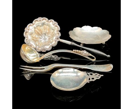 Five exquisite sterling silver pieces: a Mexican ladle adorned with an ornate floral handle by F. Ramirez; an elegant tea str