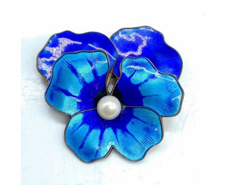 Stamped David Andersen, Norway, Sterling 925. Blue enamel petals with a cultured pearl in the center. Dimensions: 1.75"L x 2"