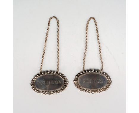 Exquisite set of Sterling 352 labels designed for decanters or liquor bottles, featuring Bourbon and Scotch labels distinguis