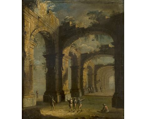 Circle of Gennaro Greco (1663-1714)  Architectural capriccio with ruins of a colonnade, possibly an antique "Terme" Oil on co