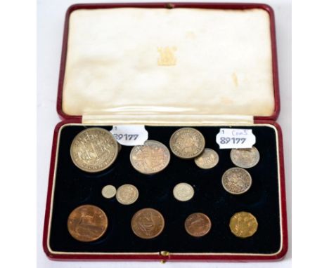 George VI Proof Set 1937, 15 coins Crown to Maundy 1d; bronze toned & light peripheral toning on silver, in red leatherette C