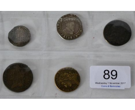 Ireland 5 x Miscellaneous Hammered & Milled Coins comprising: Henry VIII groat, second coinage, MM trefoil, obv. (HENRIC VIII