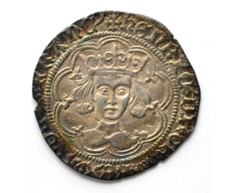 Henry VI Groat, Calais Mint, MM cross patonce, rosette-mascle issue; obv. blue/gold tone with underlying lustre, rev. darker 