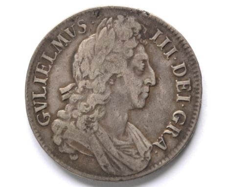 William III Crown 1696 OCTAVO, third draped bust, first harp; rev. minor metal flaws between 96 of date & MAG, contact marks,