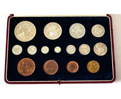 Proof Set 1937, 15 coins farthing to crown in red leatherette CofI (in pristine condition), some light toning on bronze o/wis