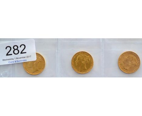Victoria, 3 x Sovereigns comprising: 1871 St George rev, horse with long tail & small BP, light contact marks,  1873M St Geor