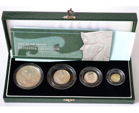 Britannia 4-Coin Silver Proof Set 2003 comprising: £2, £1, 50p & 20p, with cert, in CofI, light toning on 20p o/wise FDC