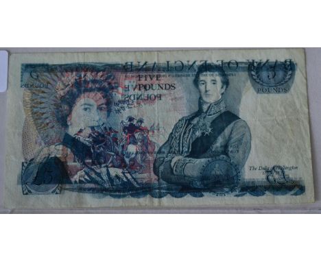 Bank of England Error Note: £5 Page 'Pictorial' issue A33, parts of the obverse design (including Queen's portrait) overprint