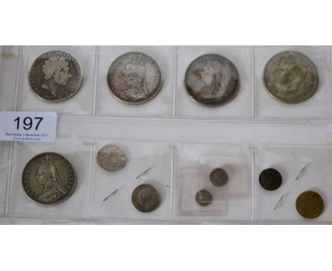 9 x English Silver Coins comprising: 4 x crowns: 1820 LX contact marks VG, 1889 obv contact marks AVF, 1897 LXI Fine & 1937 F