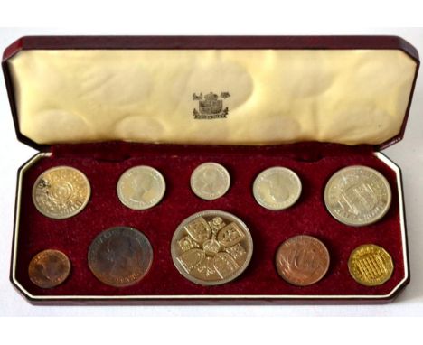 Elizabeth II, Proof Set 1953, 10 coins farthing to crown, bronze toned & toning streaks on CuNi, in CofI, AFDC