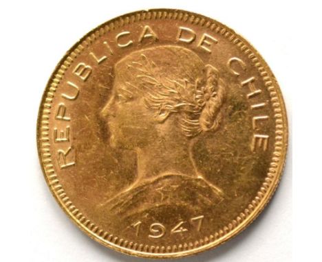 Chile, Gold 100 Pesos 1947, obv. laureate female head symbolising the Republic, rev. star on shiled, plumes above & supporter