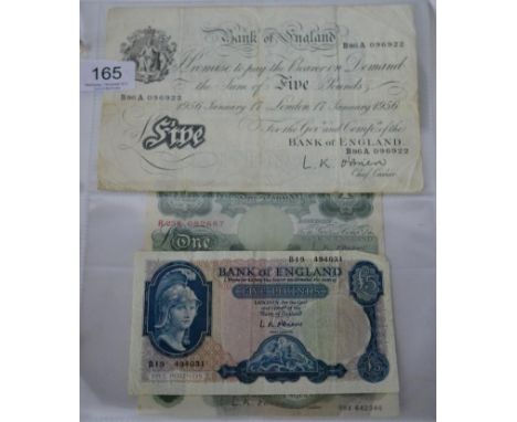 5 x Bank of England Notes, all O'Brien & comprising: white £5 London Jan 17 1956, B86A, vertical & horizontal creases, corner