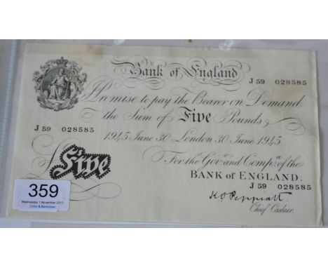 Bank of England White £5: Peppiatt, London June 30 1945, J59; minor handling marks & light vertical fold along right edge o/w