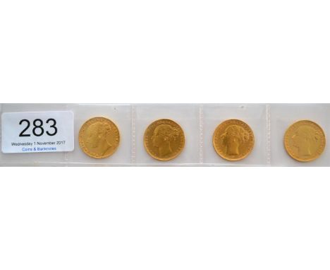 Victoria, 4 x Sovereigns comprising: 1880 horse with long tail, WW buried in truncation, contact marks, small dig in rev fiel