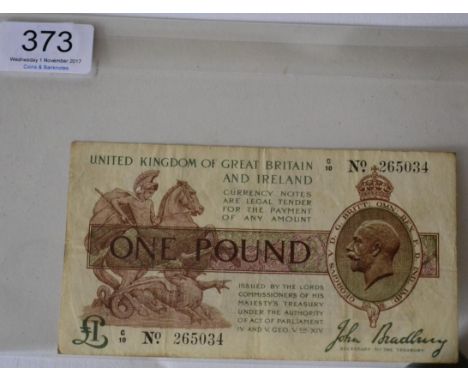 Treasury Note £1, Bradbury third Issue (Jan 1917) G/10; vertical centre crease, light wrinkles & handling marks, bank stamp '