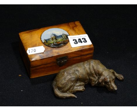 A Burr Wood Patch Box with View Of The Crystal Palace Exhibition Together with A Cast Metal Model Of A Dog