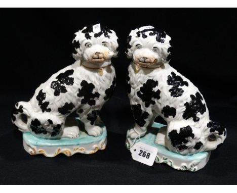 A Rare Pair Of 19th Century Staffordshire Pottery Dogs On Cushion Bases Each with Smoking Pipe (One Pipe Missing) 9 Inches Hi