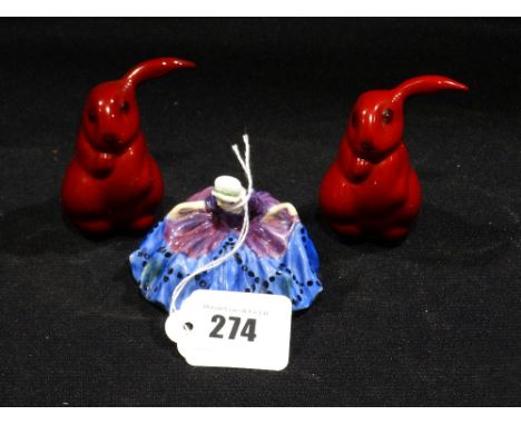 Two Royal Doulton Flambé' Model Rabbits Together with A Royal Doulton Figure HN 12 (Af)