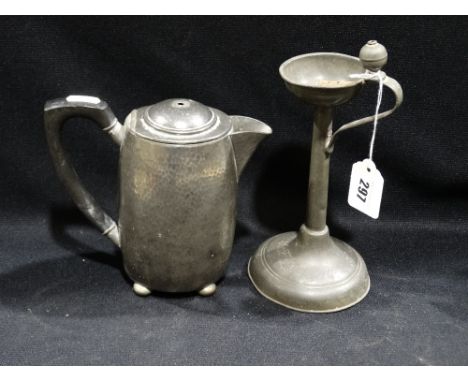 A 4 footed Tudric Pewter Coffee Pot, No 01536 Together with A Circular Based Pewter Lamp Holder
