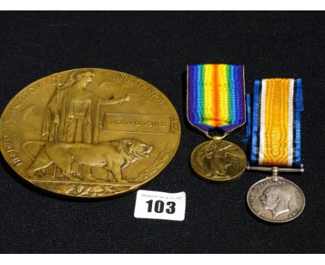 A Pair of First World War Service Medals Together with Death Plaque for Private R Jones 267015, Monmouth Regiment