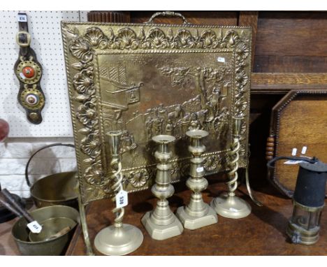 Two Pairs of Brass Candle Holders Together with a Firescreen