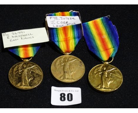 Three 1st World War Victory Medals to Pte R. Williams 22356, KSLI, Pte J.Carr 307189 Lanc Fus & Pte R.Westwell 36991 East Lan