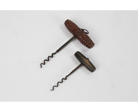 Early 19th Century corkscrew with ring finial to the turned wooden handle, 14cm long, similar later corkscrew with dark stain
