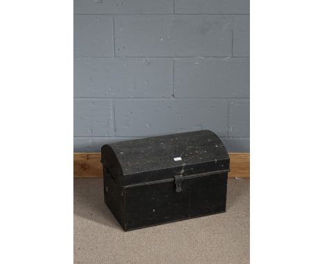 Black painted tin trunk, with hinged dome lid, carrying handle either side, 55cm wide