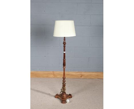 Mahogany standard lamp, of small proportions, with knopped column and tri-foil base, 107cm high excluding fitting