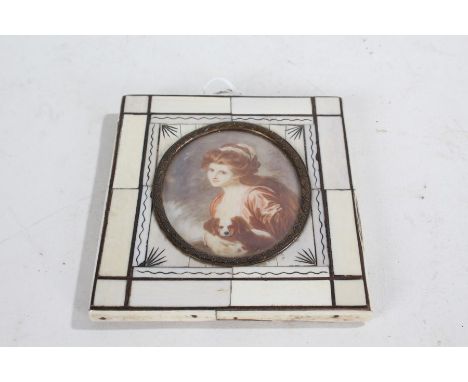 19th Century hand painted miniature portrait, depicting a lady with red hair holding a dog, the image 5cm wide