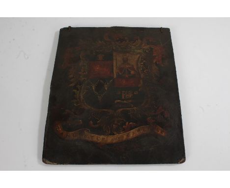 19th Century Lancaster and Carlisle carriage panel, with the coat of arms polychrome painted to the panel, 25cm x 29cm