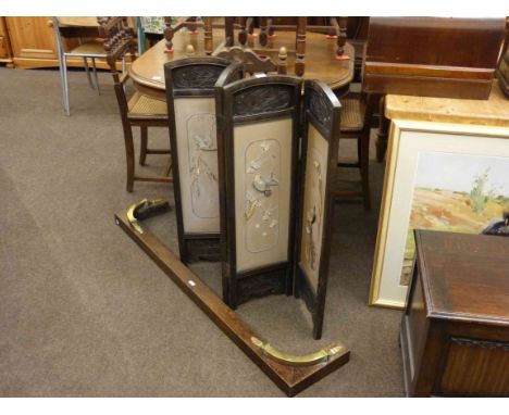 Oriental hardwood four fold firescreen and oak and brass fender (2)