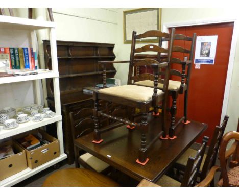 Ercol Old Colonial shelf back dresser, oak draw leaf dining table and six ladder back dining chairs