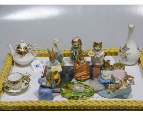 Collection of nine Beswick Beatrix Potter figures, Wedgwood vase, Royal Albert Old Country Roses miniature teapot, cup and sa