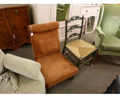 Turned leg nursing chair and painted pierced ladder back rush seated side chair (2)