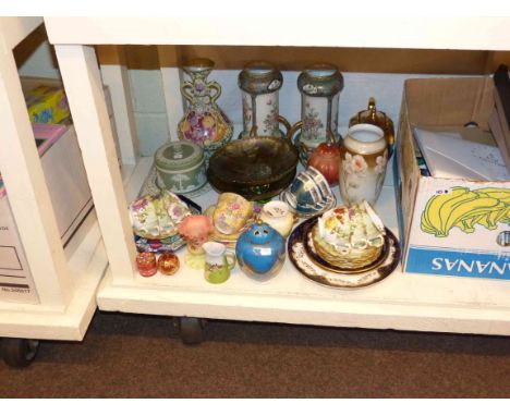 Two carnival glass dishes, vases, cups and saucers, etc