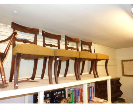 Set of four Regency mahogany sabre leg dining chairs and Ercol rocking chair (5)