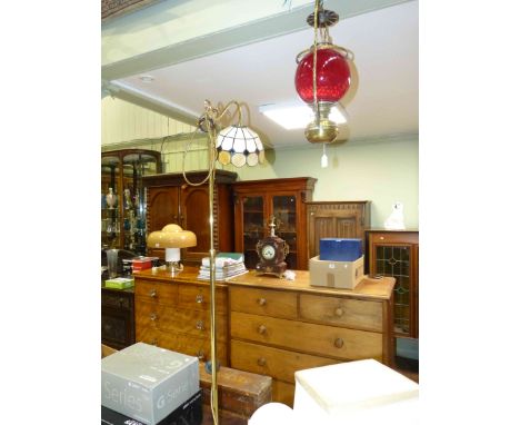 Red glass and brass hanging oil lamp and brass floor lamp with Tiffany style shade
