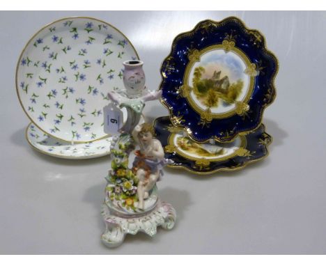 Pair of Aynsley topographical cabinet plates, pair of Royal Worcester plates and a Continental porcelain candlestick (5)