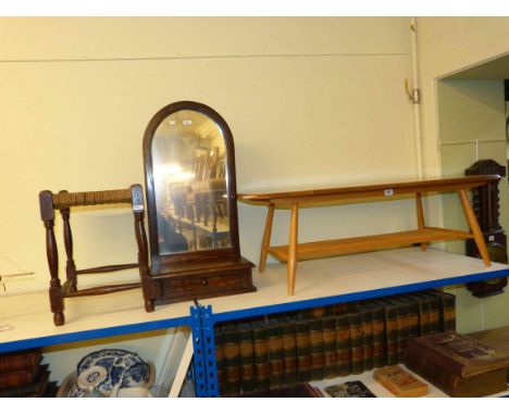 Ercol coffee table, oak hall mirror, mahogany framed wall mirror and stool (4)