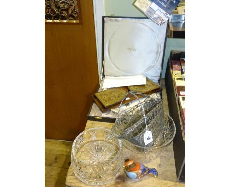 Royal Crown Derby bird-form paperweight with gold stopper, Victorian brass mounted bookslide, Spode 'Selby Abbey' plate, wire