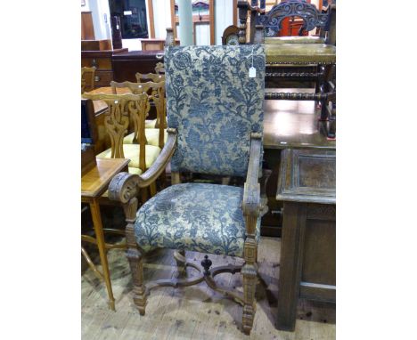 Carved scroll arm elbow chair having high panel back