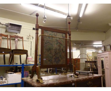 Needlework panel firescreen, brass and wirework firescreen, magazine rack and two coat racks (5)