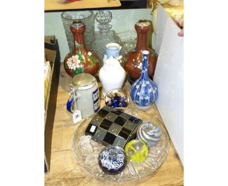 Royal Worcester 'hand' vase, pair of Cloisonne enamel vases, Chinese blue and gilt vase with leaf mark, etc