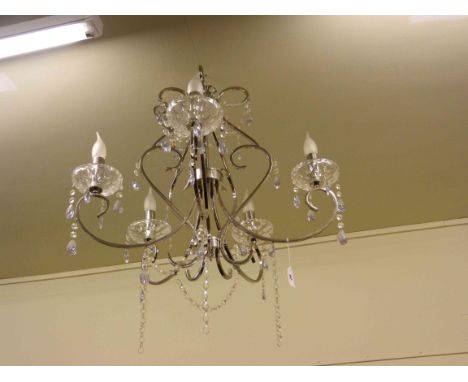 Chrome and lustre drop five branch chandelier, icicle drop chandelier and collection of chrome and glass light fittings