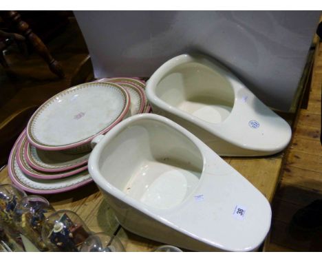 Pinder, Bourne & Co. 'Belmont' pattern graduated set of three ashets and a compote; two slipper bed pans (6)