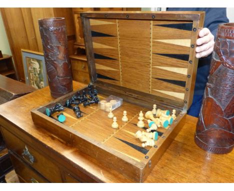 19th Century walnut chess-backgammon box and playing pieces