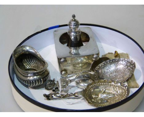 Silver watch case, two Dutch silver caddy spoons, etc