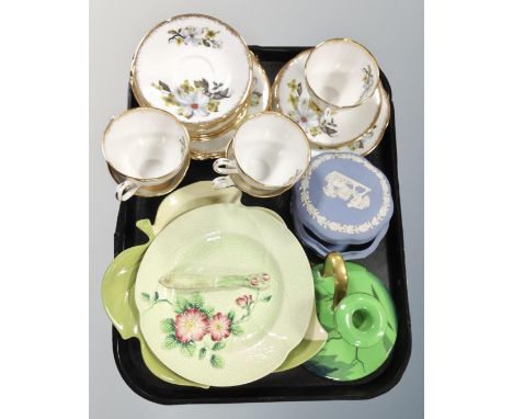 A tray containing Clare part tea set, Wedgwood blue jasperware lidded dish, Carltonware chamber stick and leaf dishes etc.