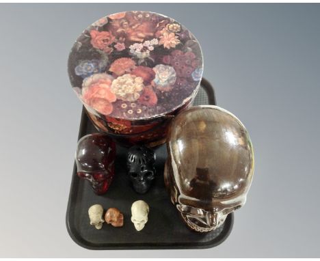 A tray containing ceramics skull ornament and further skulls, vintage hat box etc.